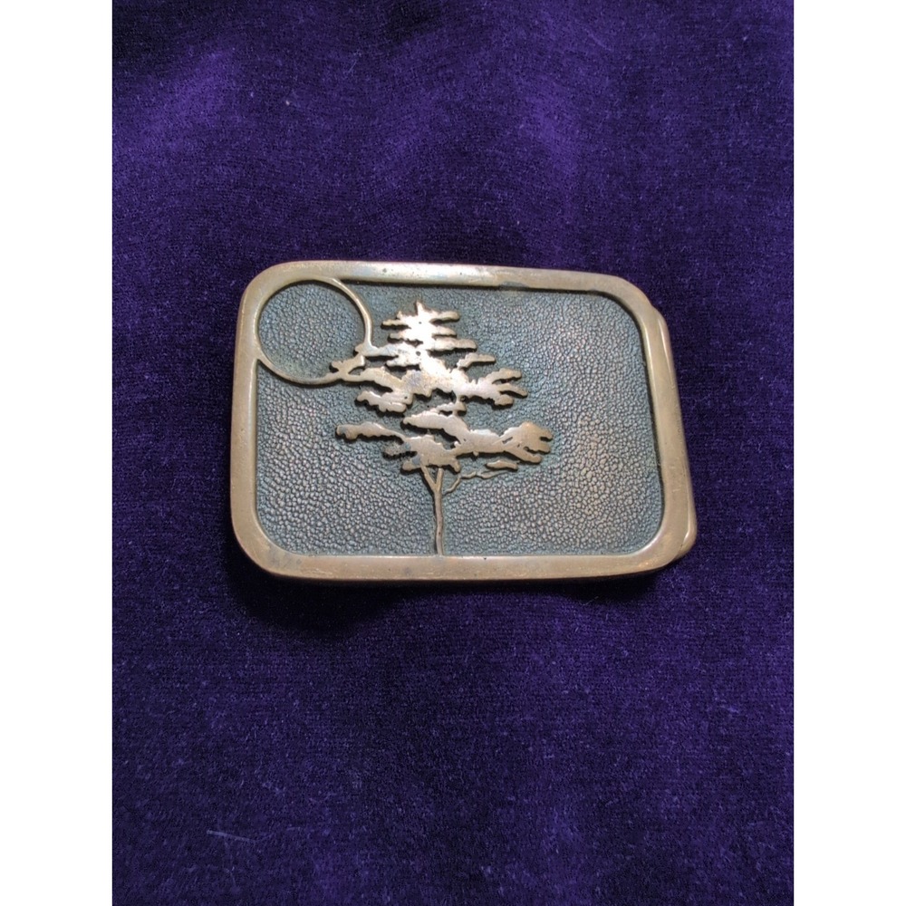 Brass Turquoise Tree Western Hippie  1970s Vintage Belt Buckle